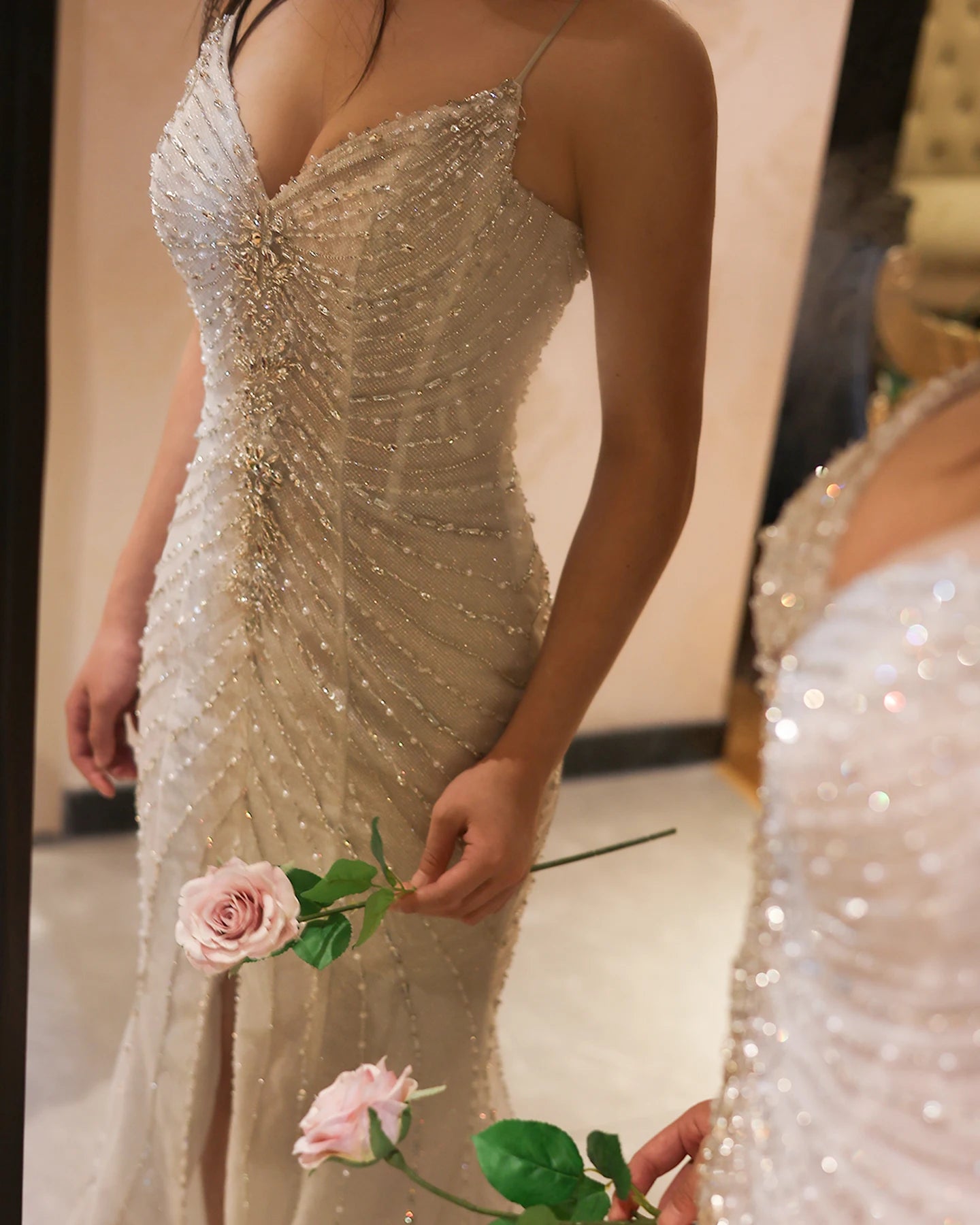 Crystal Luxury Mermaid White Wedding Dresses for Women Spaghetti Straps Front Slit Bridal Gowns - Image 9