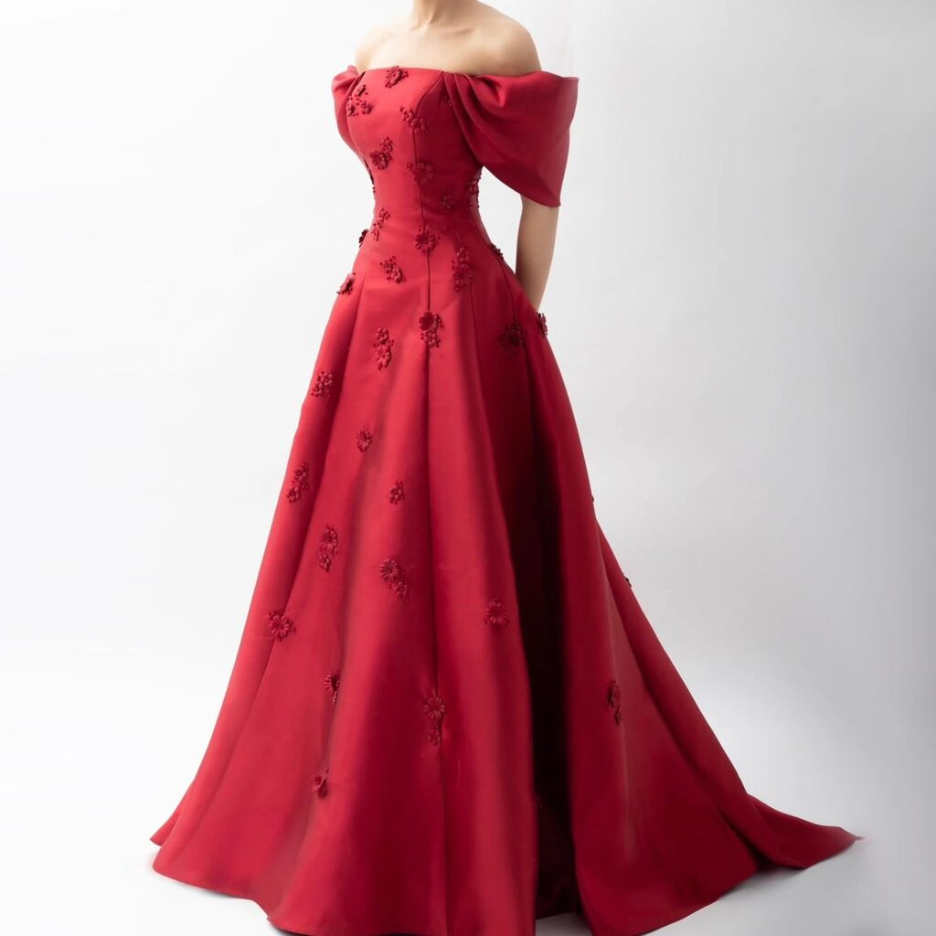 Elegant Off Shoulder Wine Red Evening Dress with 3D Flowers Women Wedding Engagement Party Gowns