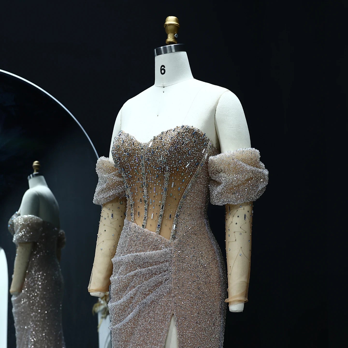 Luxury Mermaid Crystal Silver Evening Dress with Sleeves Slit Women Wedding Party Gown - Image 9