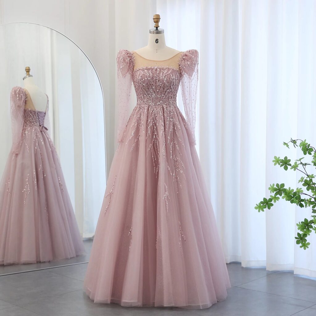 Dusty Pink Long Sleeves Luxury Evening Dress for Women Wedding Party Formal Prom Gowns
