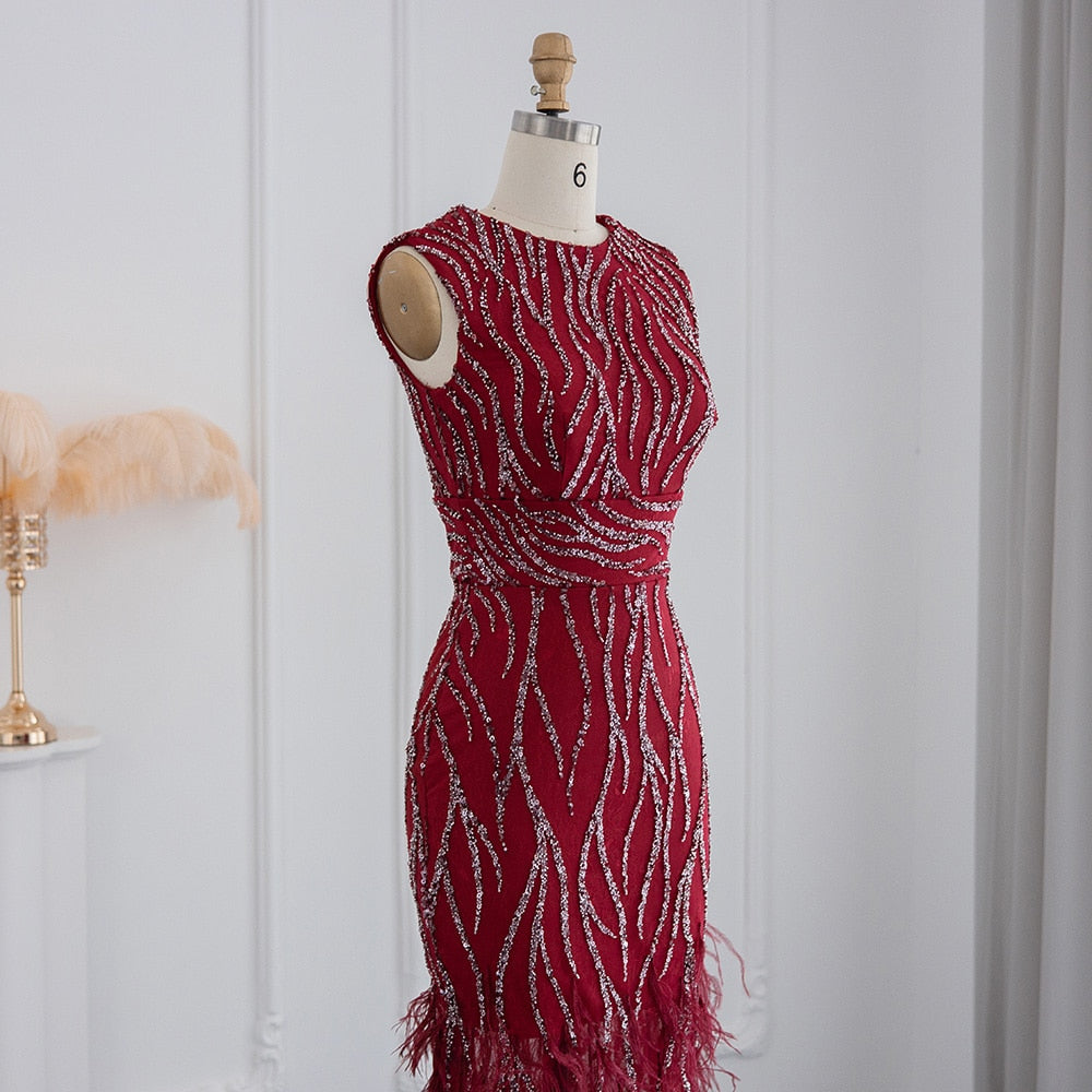 Elegant Lace Midi Evening Dress with Feathers Beading Formal Dresses for Wedding Party - Image 17