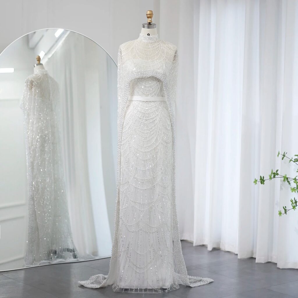 Luxury Pearls Evening Dresses with Cape 2024 New Women Mermaid Wedding Party Prom Dress