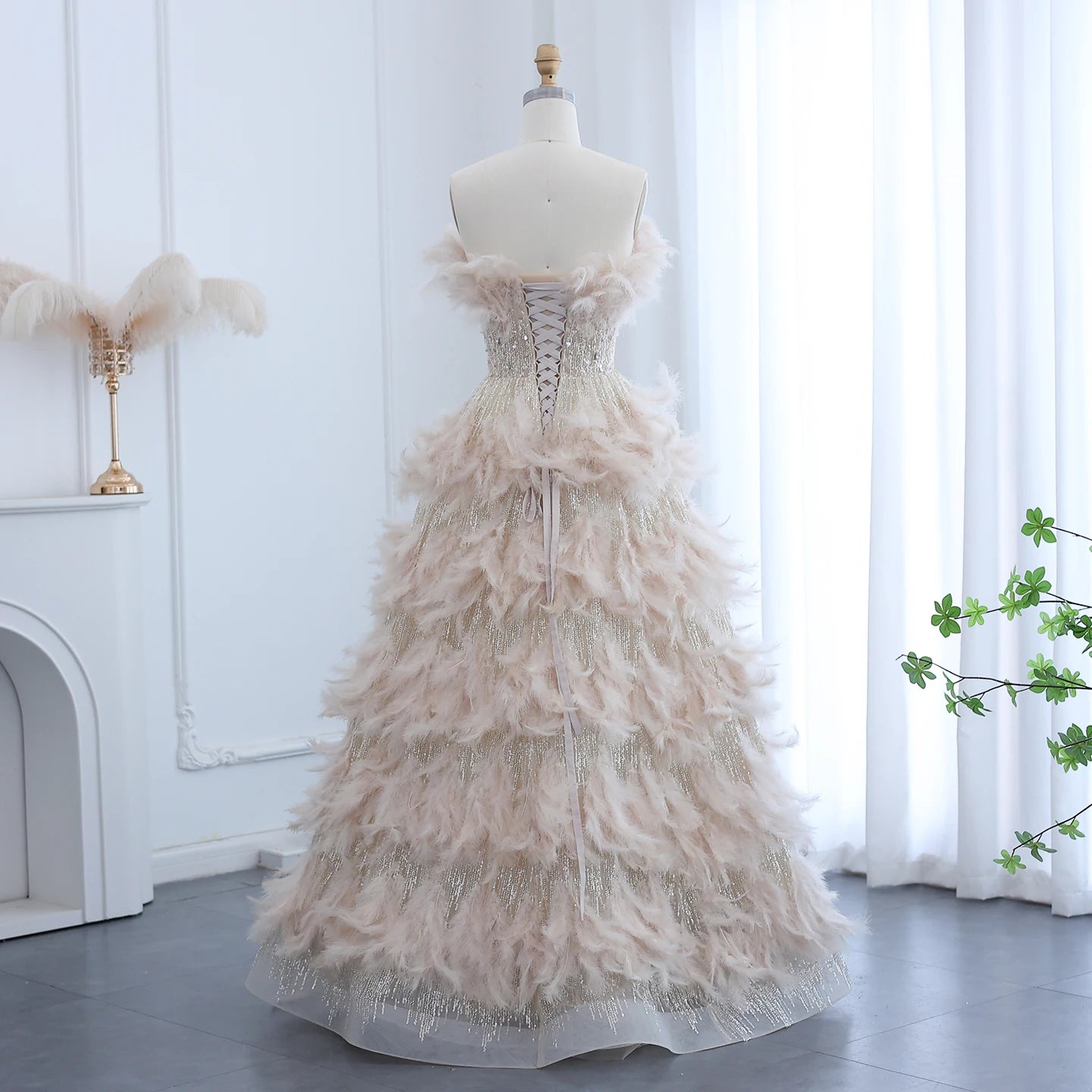 Feathers Princess Crystal Organza Ball Gown Evening Dresses for Women Wedding Engament Party Dress - Image 6