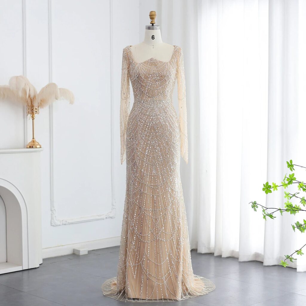 Beads Black Mermaid Long Sleeve Evening Dress for Women Champagne Formal Dresses Prom Dress