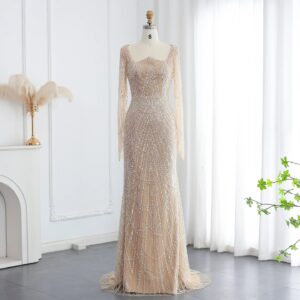 Beads Black Mermaid Long Sleeve Evening Dress for Women Champagne Formal Dresses Prom Dress