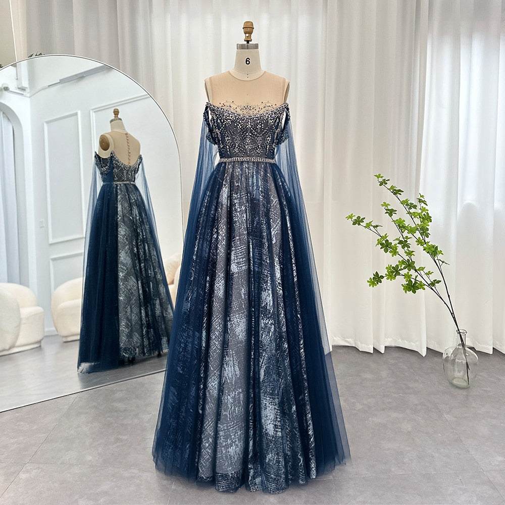 Luxury Blue Evening Dress with Cape Sleeves Elegant Women Prom Formal Dresses for Wedding Party