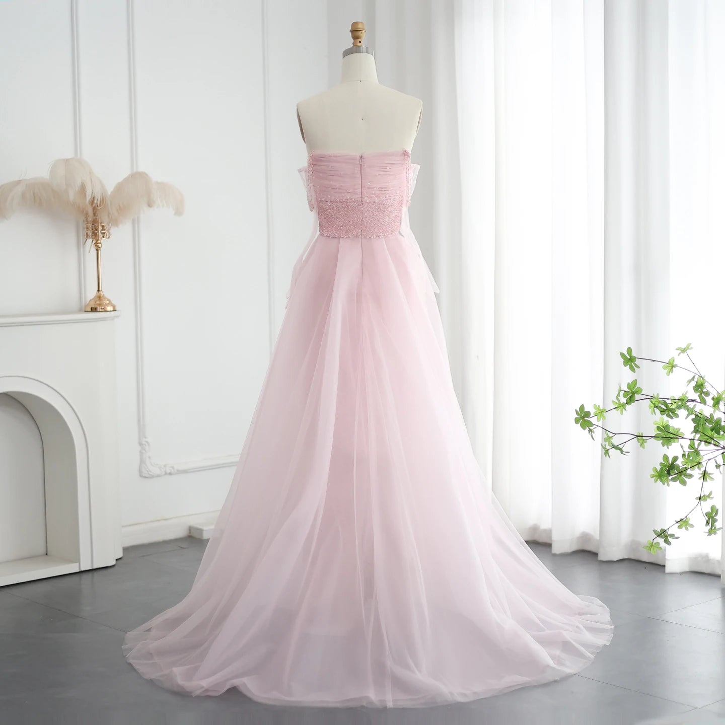 Beads Pink Evening Dress with Overskirt Glove Elegant Women Arabic Formal Party Gown - Image 6