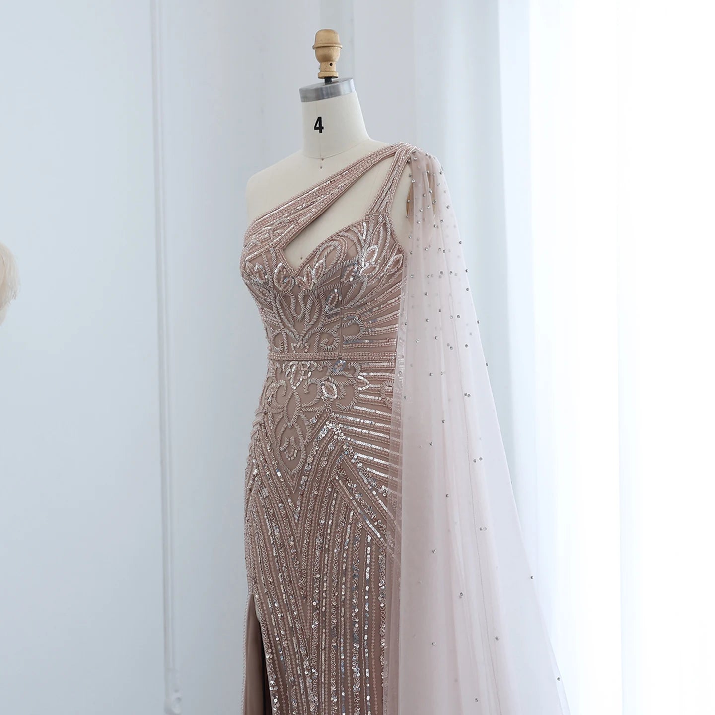 Luxury Beaded Mermaid Nude Evening Dress with Cape Sleeve One Shoulder Side Slit Women Wedding Party Gowns - Image 14