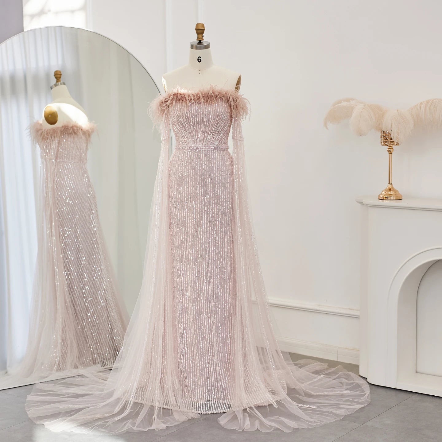Luxury Feathers Mermaid Sage Green Evening Dresses with Cape Sleeves Pink Yellow Wedding Party Gowns - Image 16
