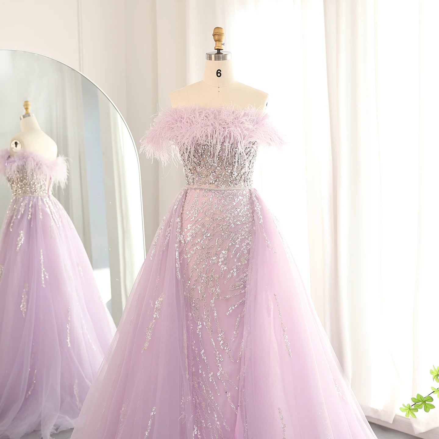 Luxury Feathers Lilac Evening Dress with Overskirt Side Slit Blue Green Women Wedding Party Gowns - Image 8