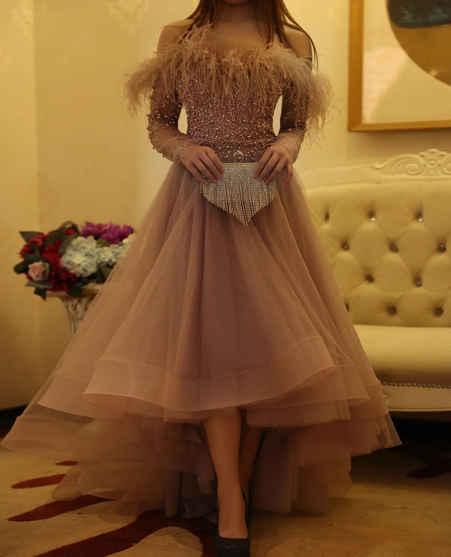 Luxury Feathers Purple High Low Evening Dresses Elegant Off Shoulder Arab Women Wedding Party Prom Dress - Image 18