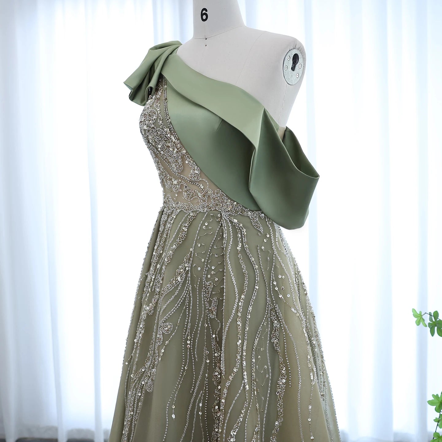Luxury One Shoulder Olive Green Evening Dress with Cape Sleeves Side Slit Wedding Party Gowns - Image 3