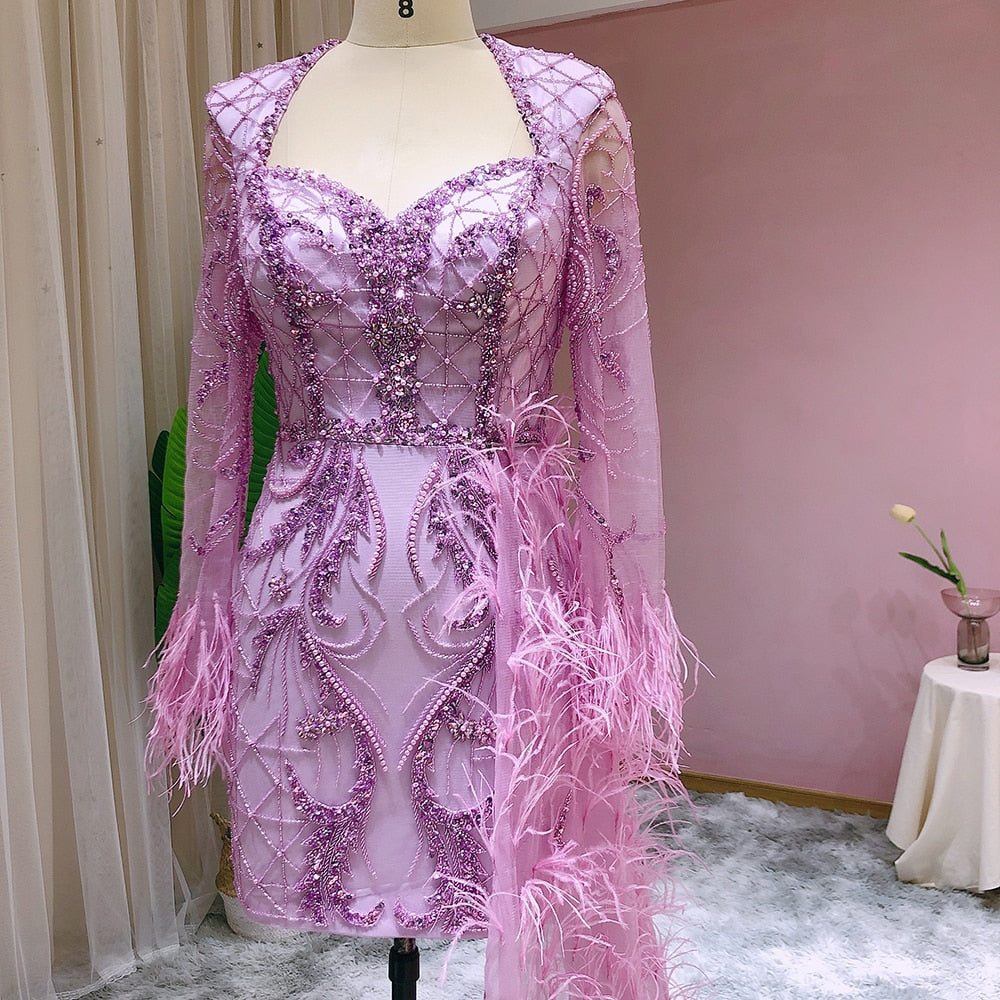 Luxury Coral Short Evening Dresses with Feathers OverSkirt Mini Cocktail Party Dress - Image 17