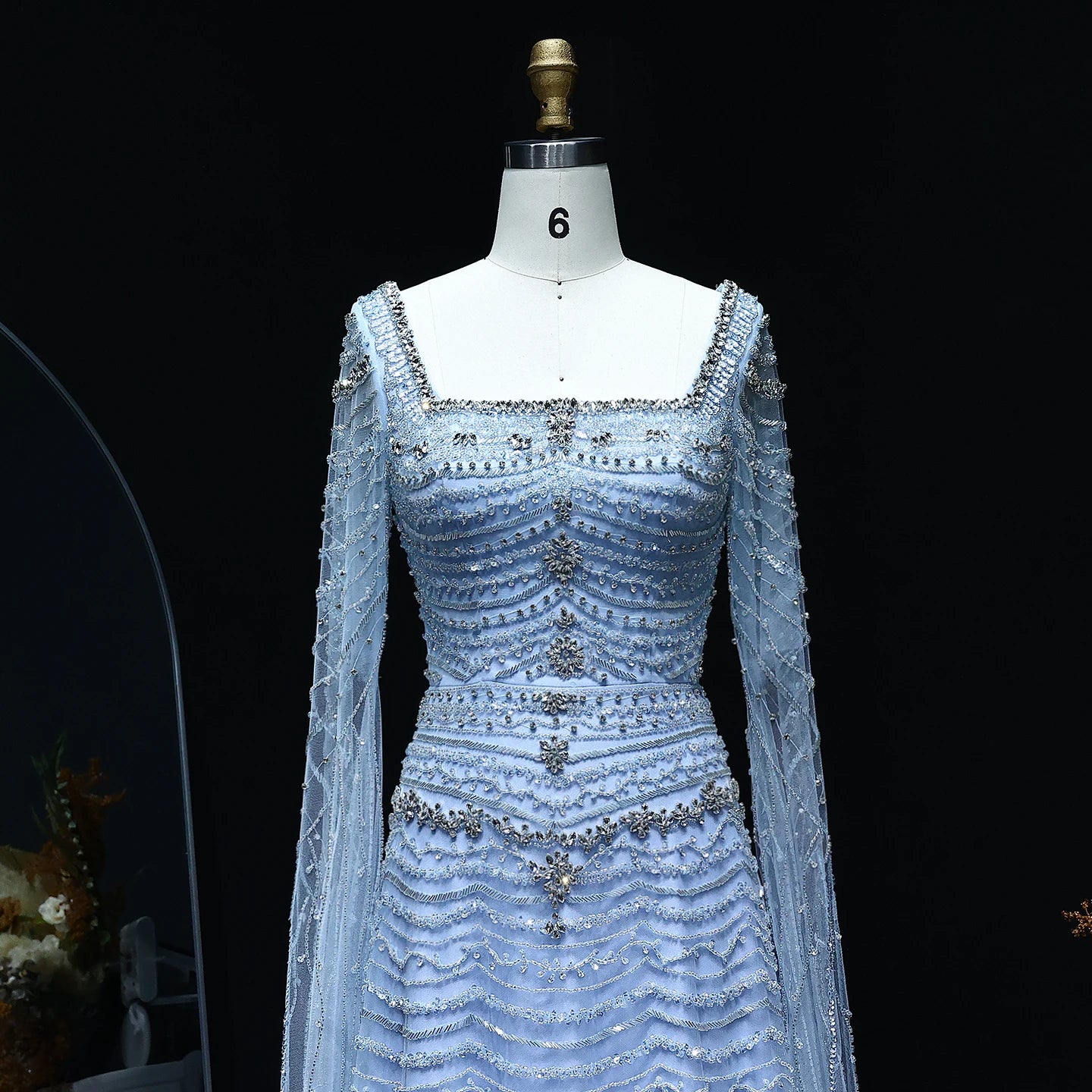 Luxury Nude Evening Dress with Cape Sleeves Blue White Women Wedding Party Gowns - Image 8