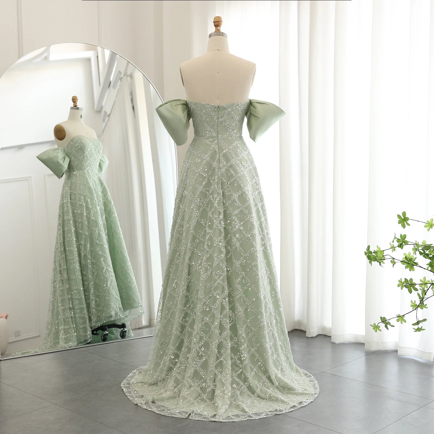 Custom Made A-line Sage Green Evening Dresses for Women Wedding Elegant Beaded Midi Formal Party Gownns - Image 4