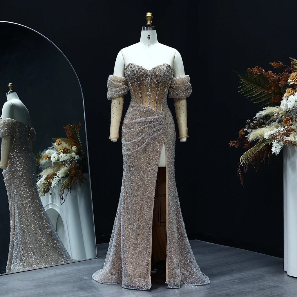 Luxury Mermaid Crystal Silver Evening Dress with Sleeves Slit Women Wedding Party Gown