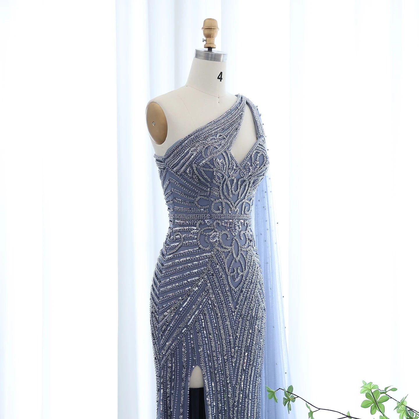 Luxury Beaded Mermaid Nude Evening Dress with Cape Sleeve One Shoulder Side Slit Women Wedding Party Gowns - Image 7