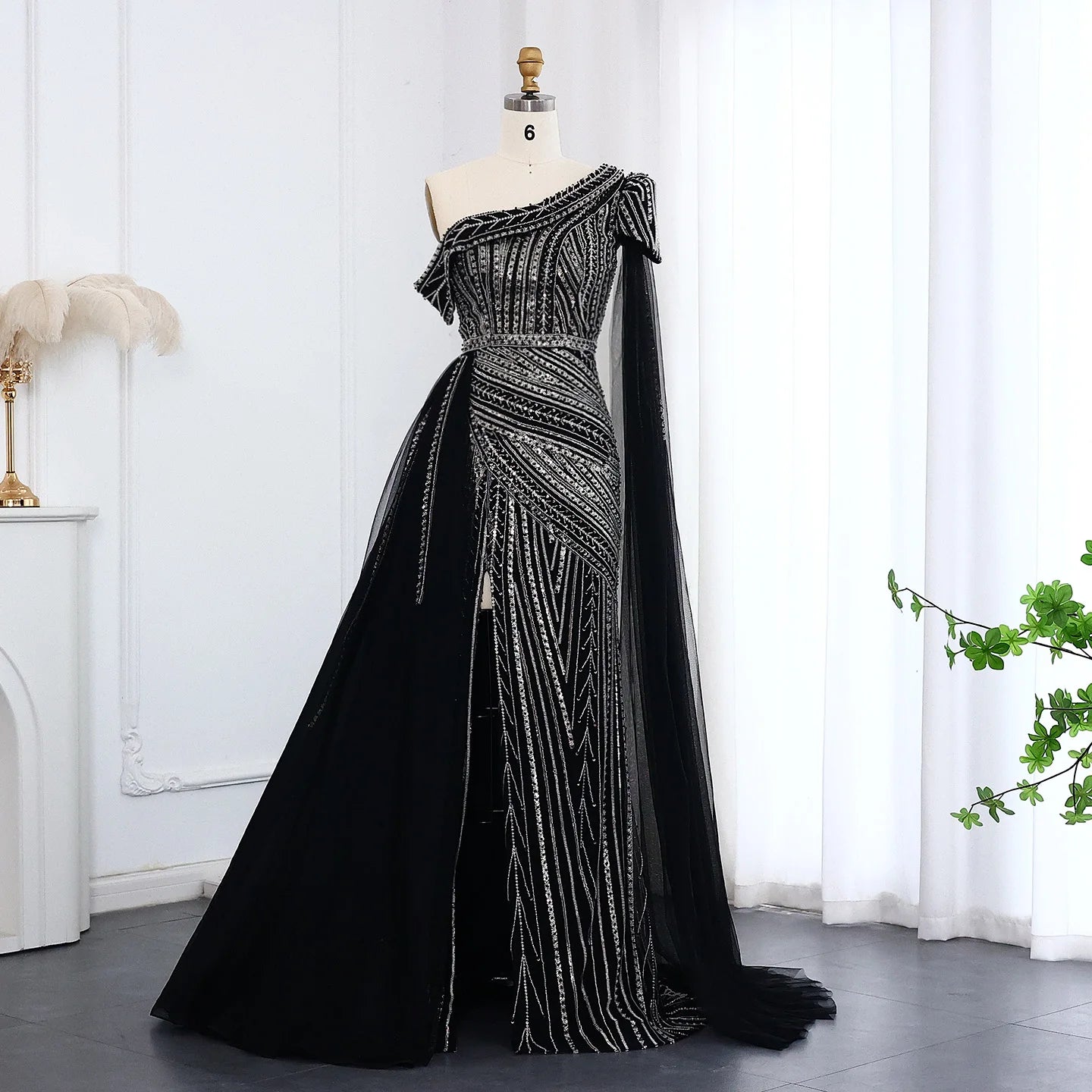 Elegant One Shoulder Fuchsia Luxury Evening Dress with Cape Sleeve Overskirt Formal Party Gown - Image 4