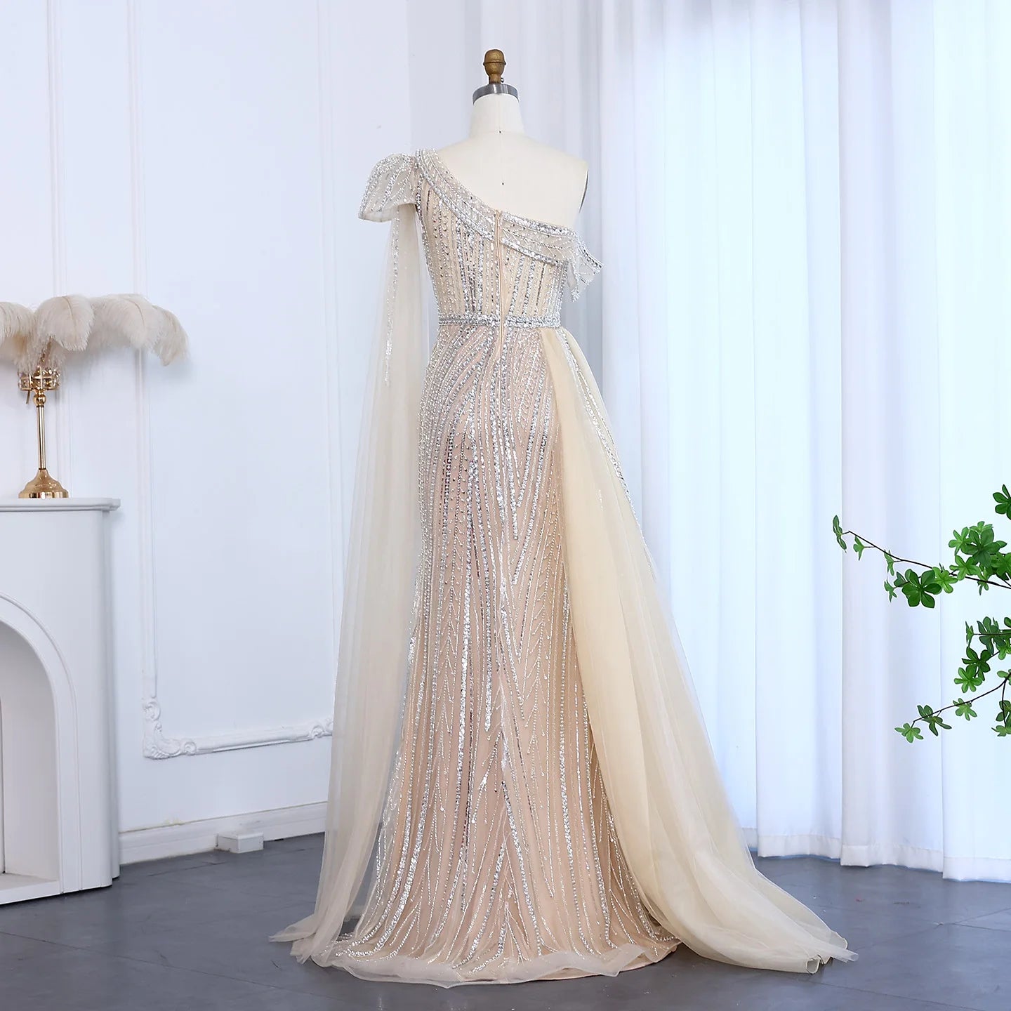 Elegant One Shoulder Fuchsia Luxury Evening Dress with Cape Sleeve Overskirt Formal Party Gown - Image 11