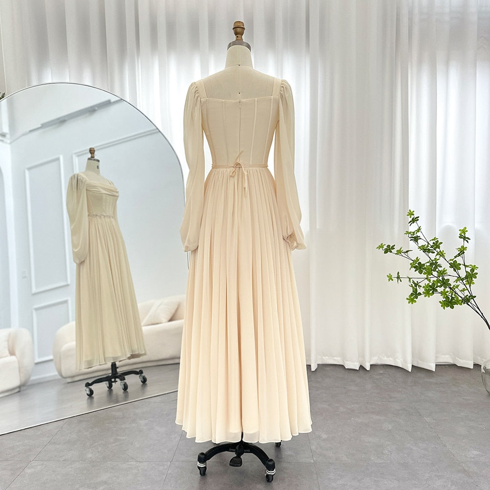 Beige Short Midi Evening Dress with Belt Long Sleeves Tea Length Women Formal Wedding Party Gowns - Image 9