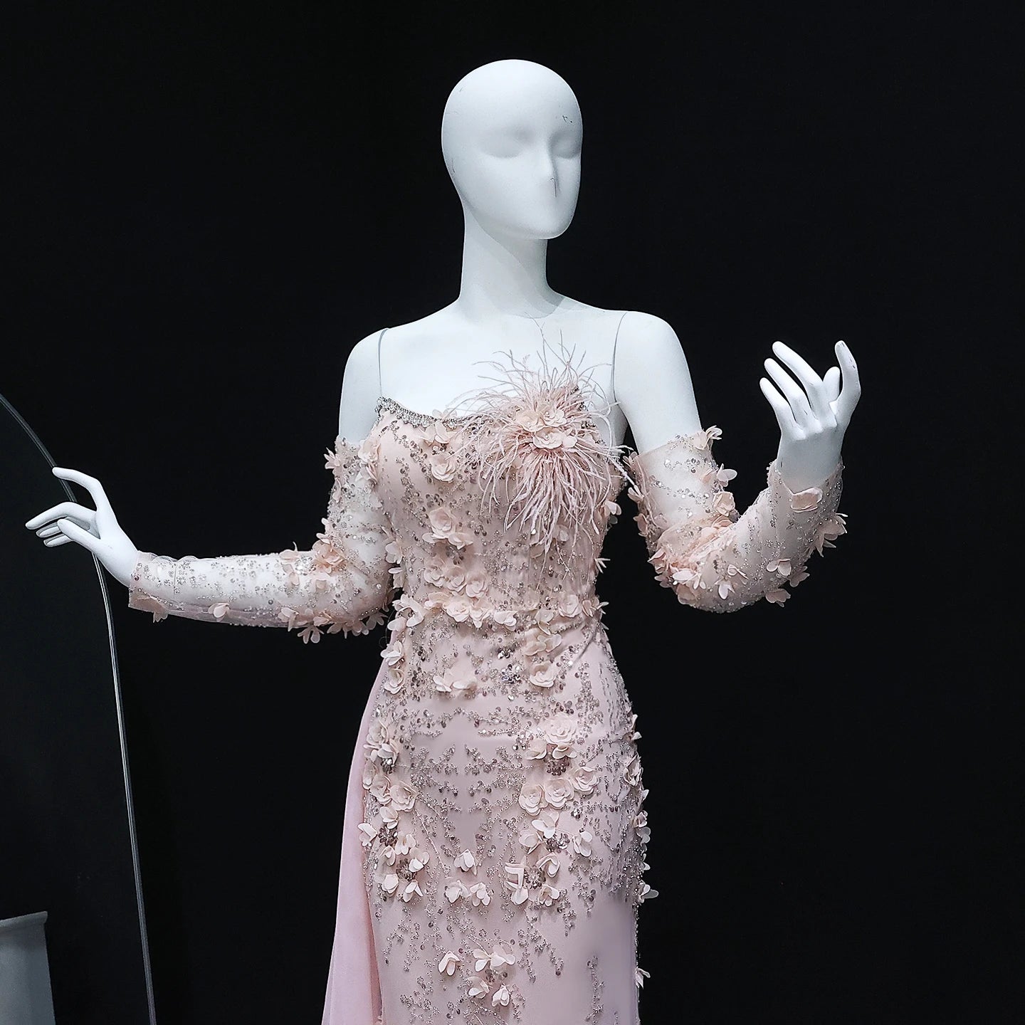 Elegant 3D Flowers Feathers Mermaid Evening Dress with Sleeves Women Wedding Party Gowns - Image 3