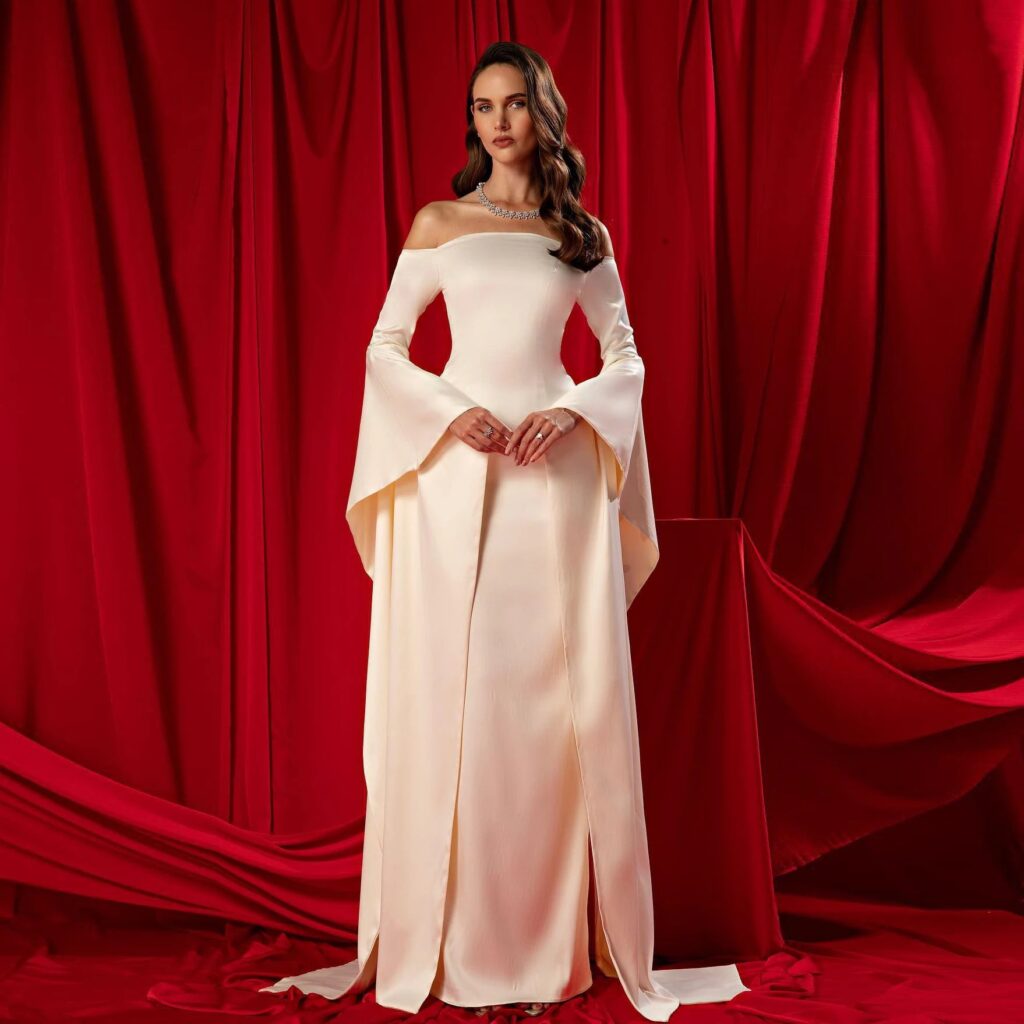 Elegant Off Shoulder Straight Beige Satin Evening Dress For Women Wedding Floor Length