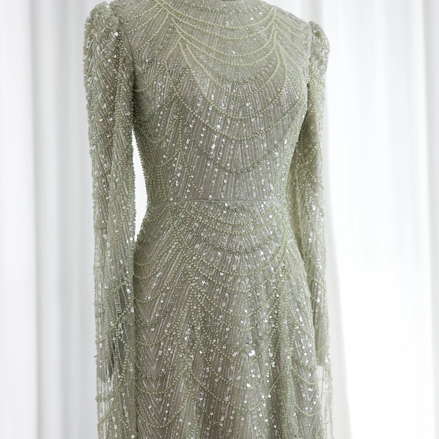 Sage Green Muslim Evening Dresses with Cape Sleeves High Neck for Arabic Women Wedding Party - Image 4