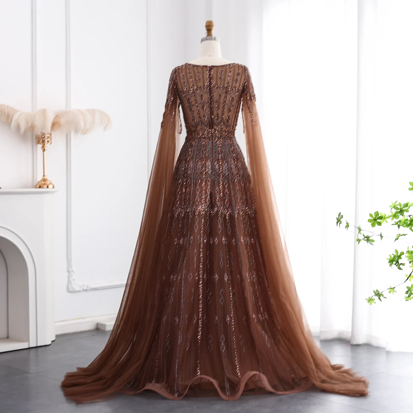 Blue Luxury Evening Dress with Cape Sleeves Brown Pink Wedding Formal Party Gowns - Image 8