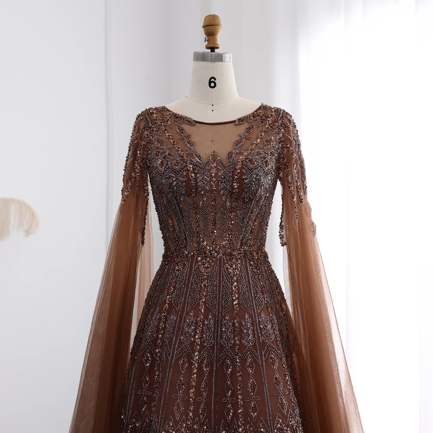 Blue Luxury Evening Dress with Cape Sleeves Brown Pink Wedding Formal Party Gowns - Image 9
