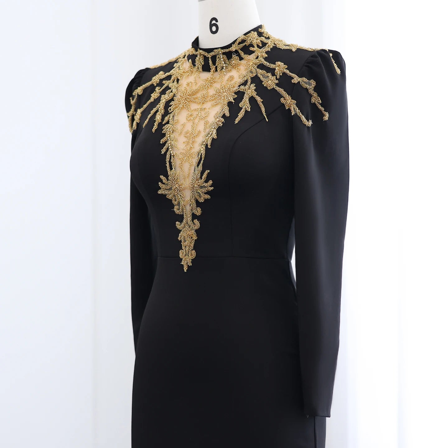 High Neck Long Sleeves Black Evening Dresses Gold Beaded Women Formal Party Gowns - Image 4