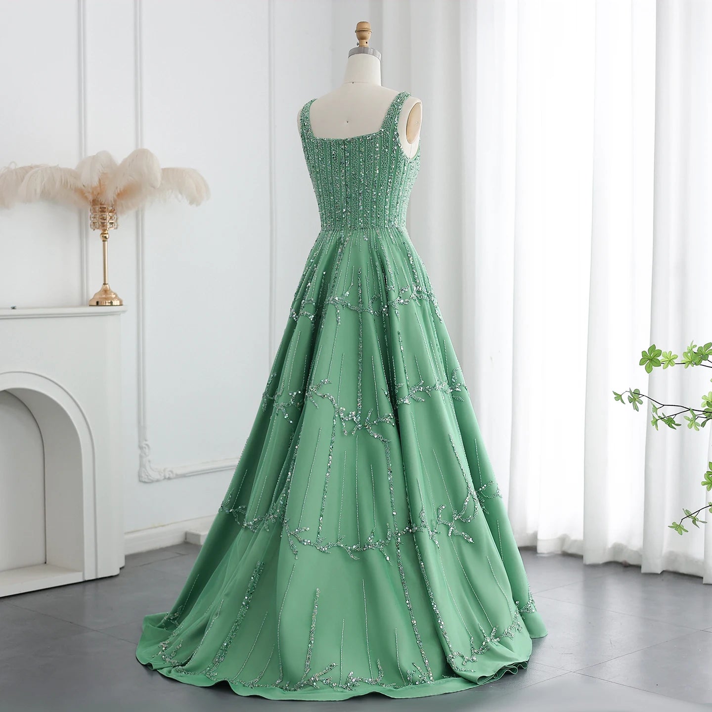 Luxury Beaded Green Evening Dresses with Spaghetti Straps Arabic Women Wedding Party Gowns - Image 6