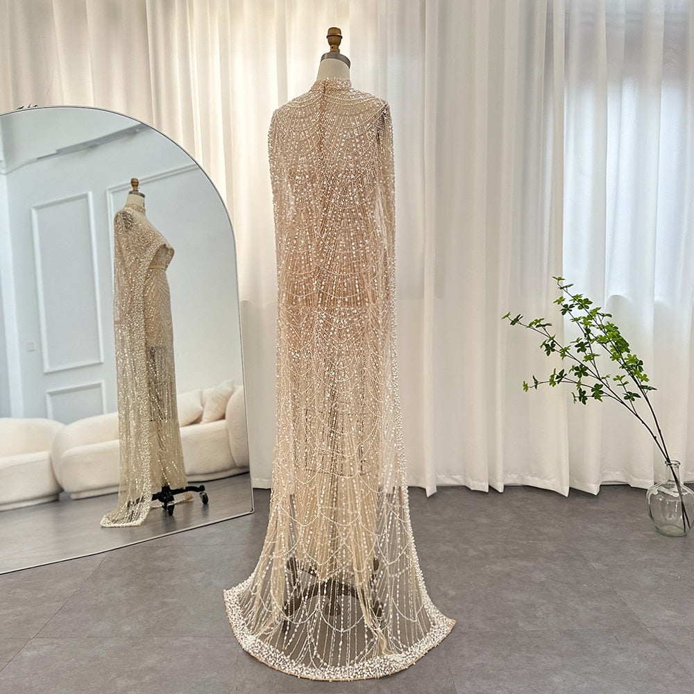 Luxury Pearls Champagne Evening Dresses with Cape Women Mermaid Wedding Party Prom Dress - Image 6