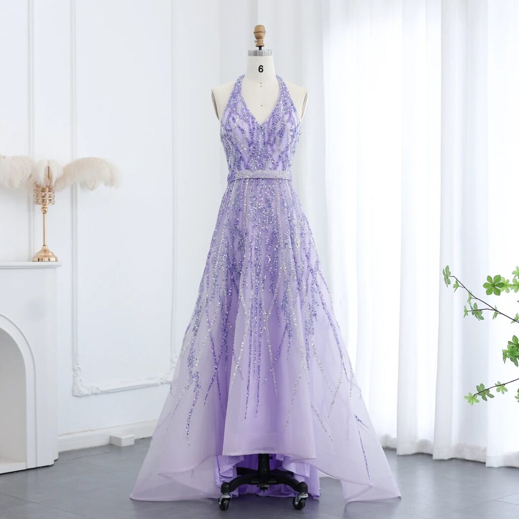 Beaded Lemon Green Evening Dresses with Halter High Low Women Wedding Party Gowns