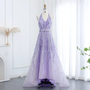 Beaded Lemon Green Evening Dresses with Halter High Low Women Wedding Party Gowns