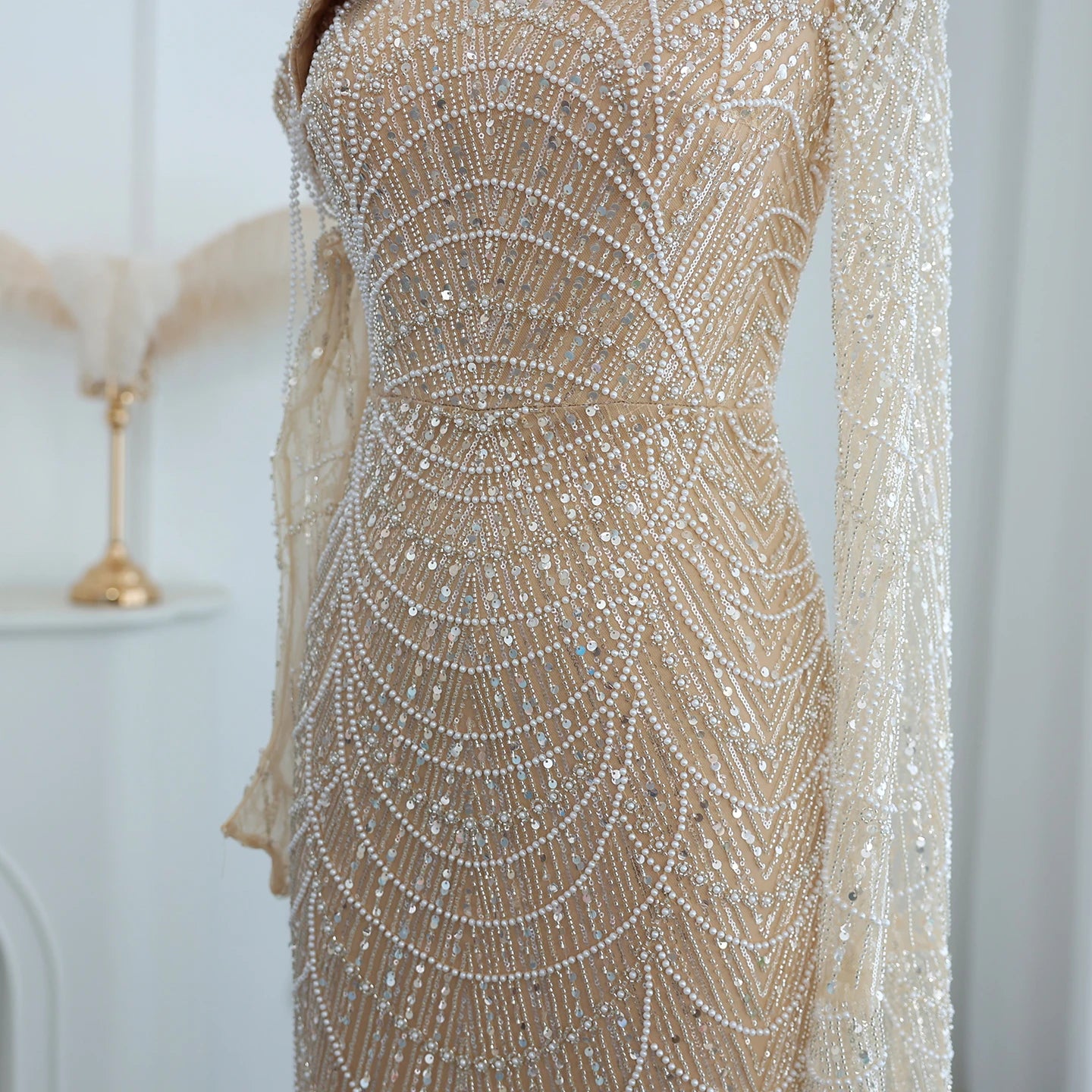 Champagne Mermaid Evening Dresses for Women Wedding Elegant Beads One Shoulder Formal Prom Gowns - Image 3