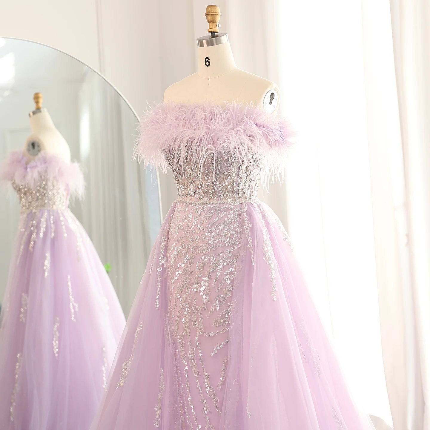 Luxury Feathers Lilac Evening Dress with Overskirt Side Slit Blue Green Women Wedding Party Gowns - Image 10