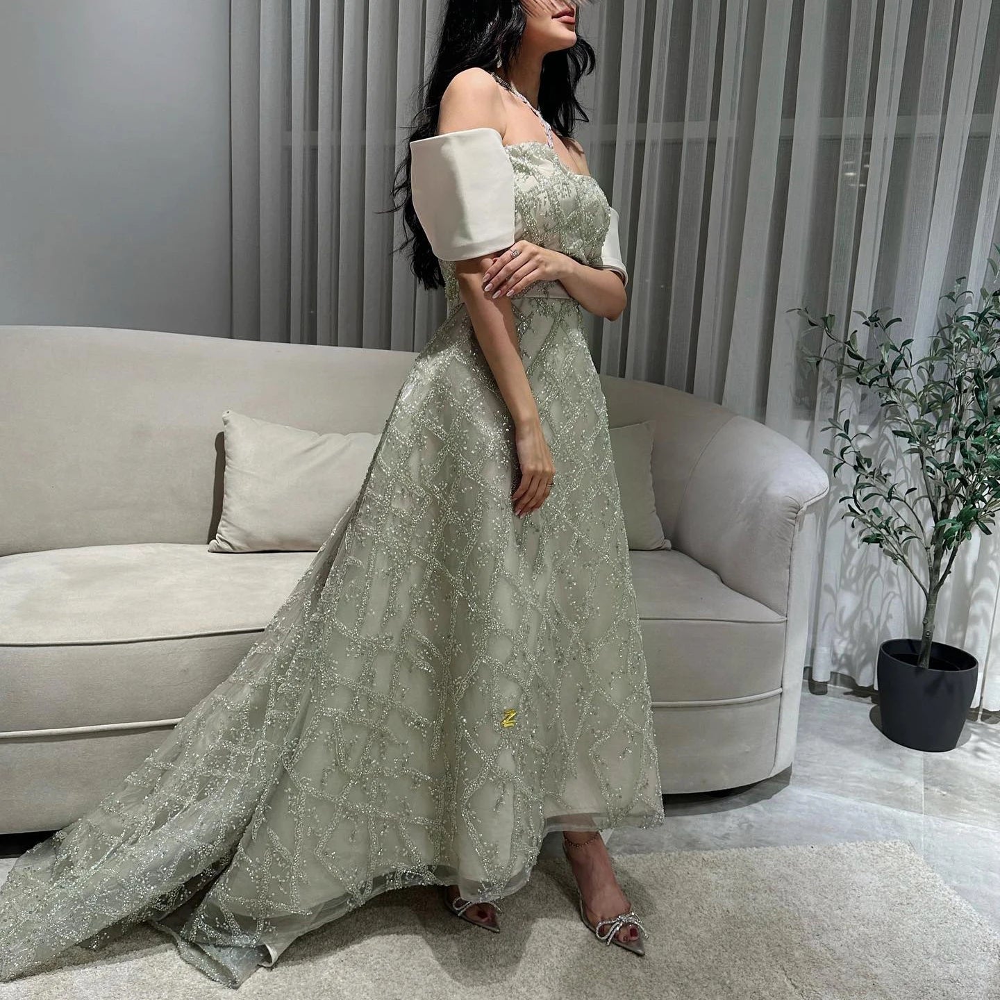 Custom Made A-line Sage Green Evening Dresses for Women Wedding Elegant Beaded Midi Formal Party Gownns - Image 6