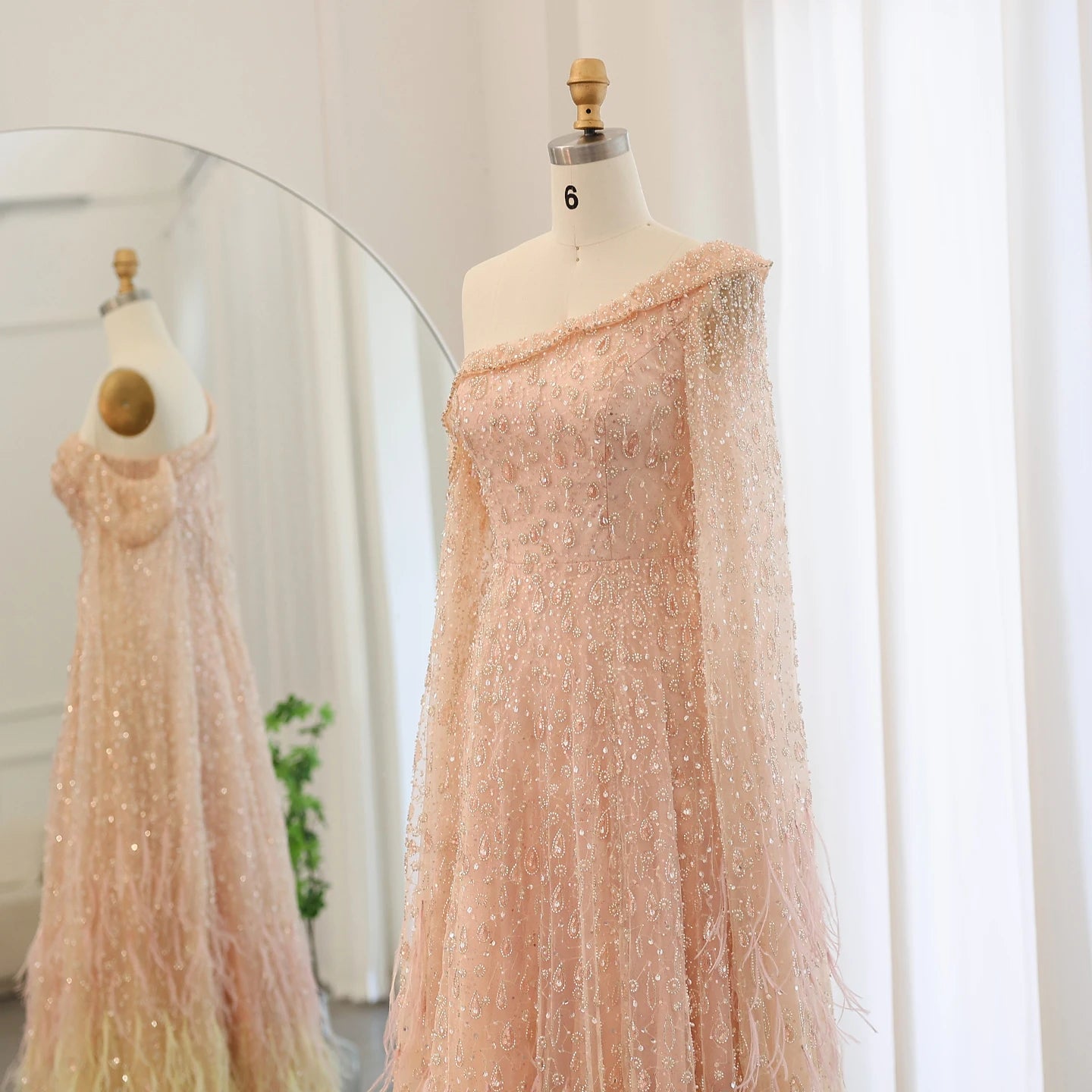 Luxury Feather One Shoulder Evening Dresses with Cape Sleeves Rose Gold Lilac Women Wedding Party Gowns - Image 7