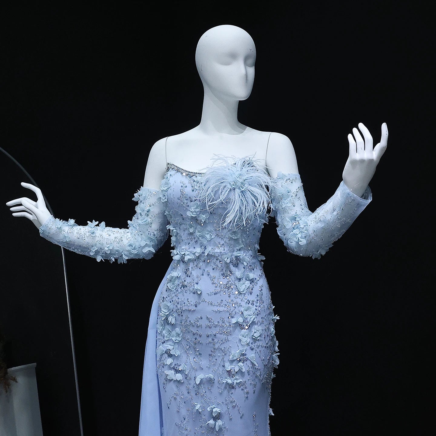 Elegant 3D Flowers Feathers Mermaid Evening Dress with Sleeves Women Wedding Party Gowns - Image 6