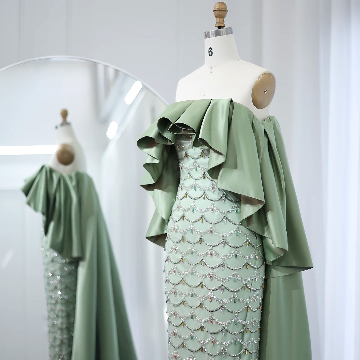 Sage Green Luxury Evening Dresses with Cape Lilac Beaded Women Wedding Party Dress - Image 7