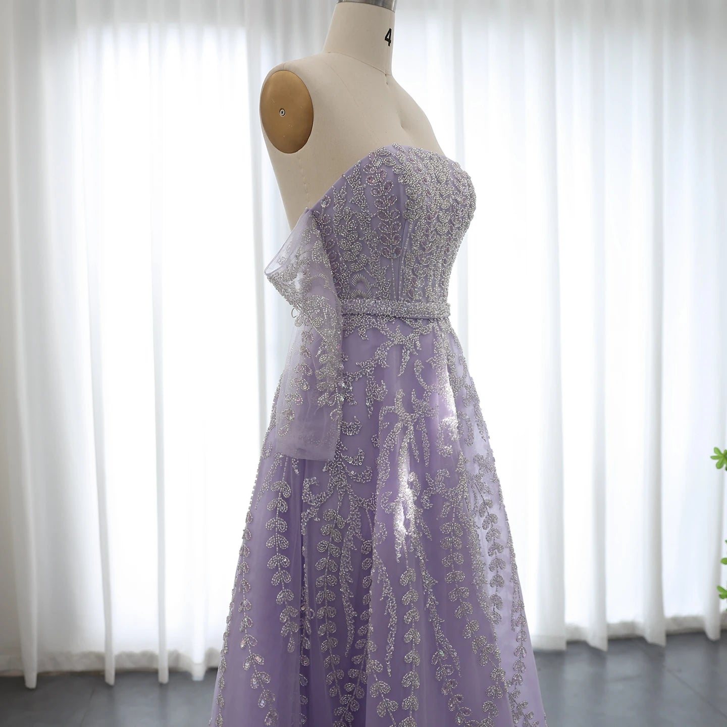 Luxury Beaded Lilac Evening Dress with Sleeves Elegant Strapless Women Wedding Party Gowns - Image 2