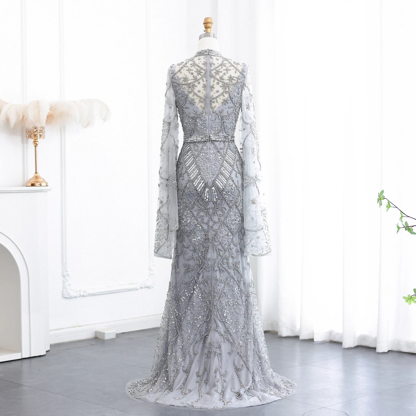 Black Beaded Luxury Evening Dress with Flare Long Sleeves High Neck Formal Party Gowns - Image 11