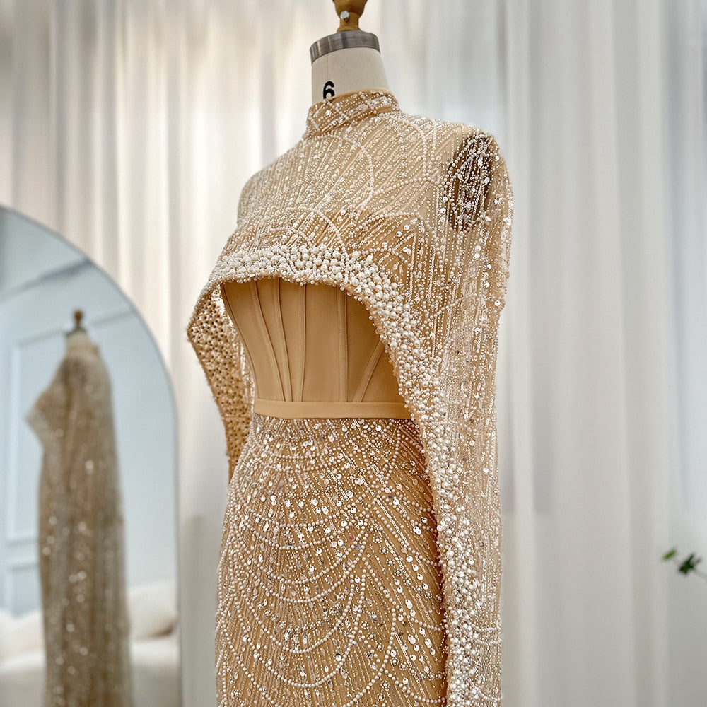 Luxury Pearls Champagne Evening Dresses with Cape Women Mermaid Wedding Party Prom Dress - Image 15