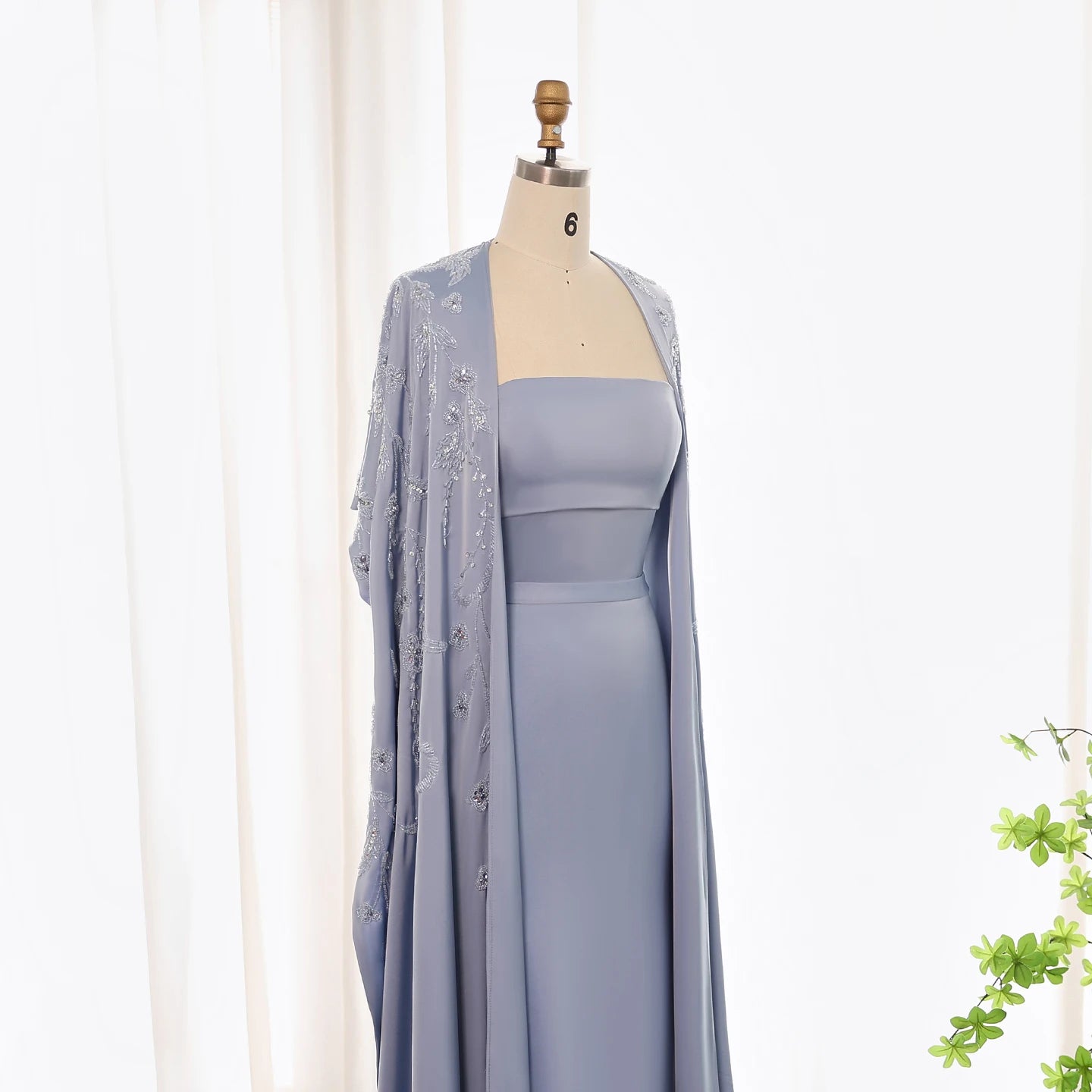 Blue Mermaid Evening Dress with Cape Sleeves 2024 Luxury Beaded Women Wedding Guest Party Gowns - Image 6