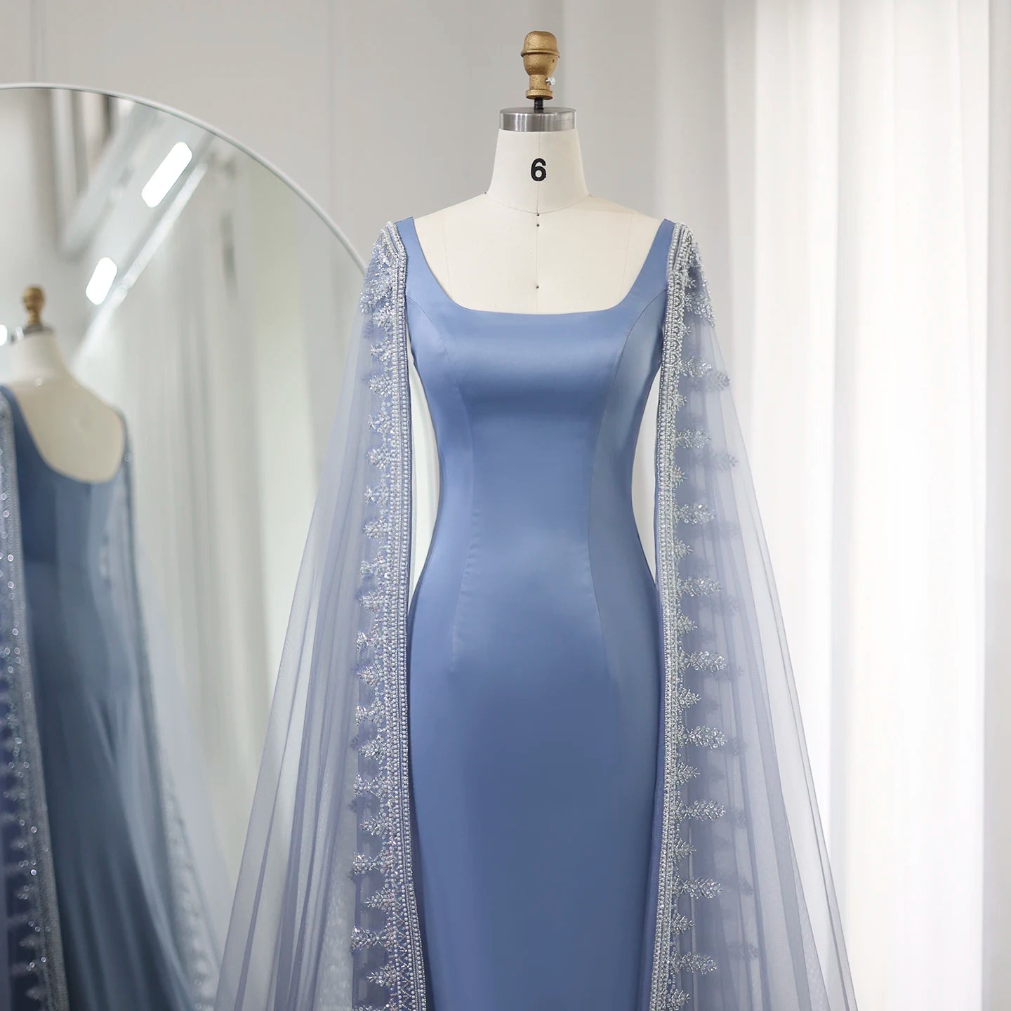 Luxury Blue Mermaid Evening Dresses with Cape Sleeves Sage Green Elegant Women Wedding Party Gowns - Image 4