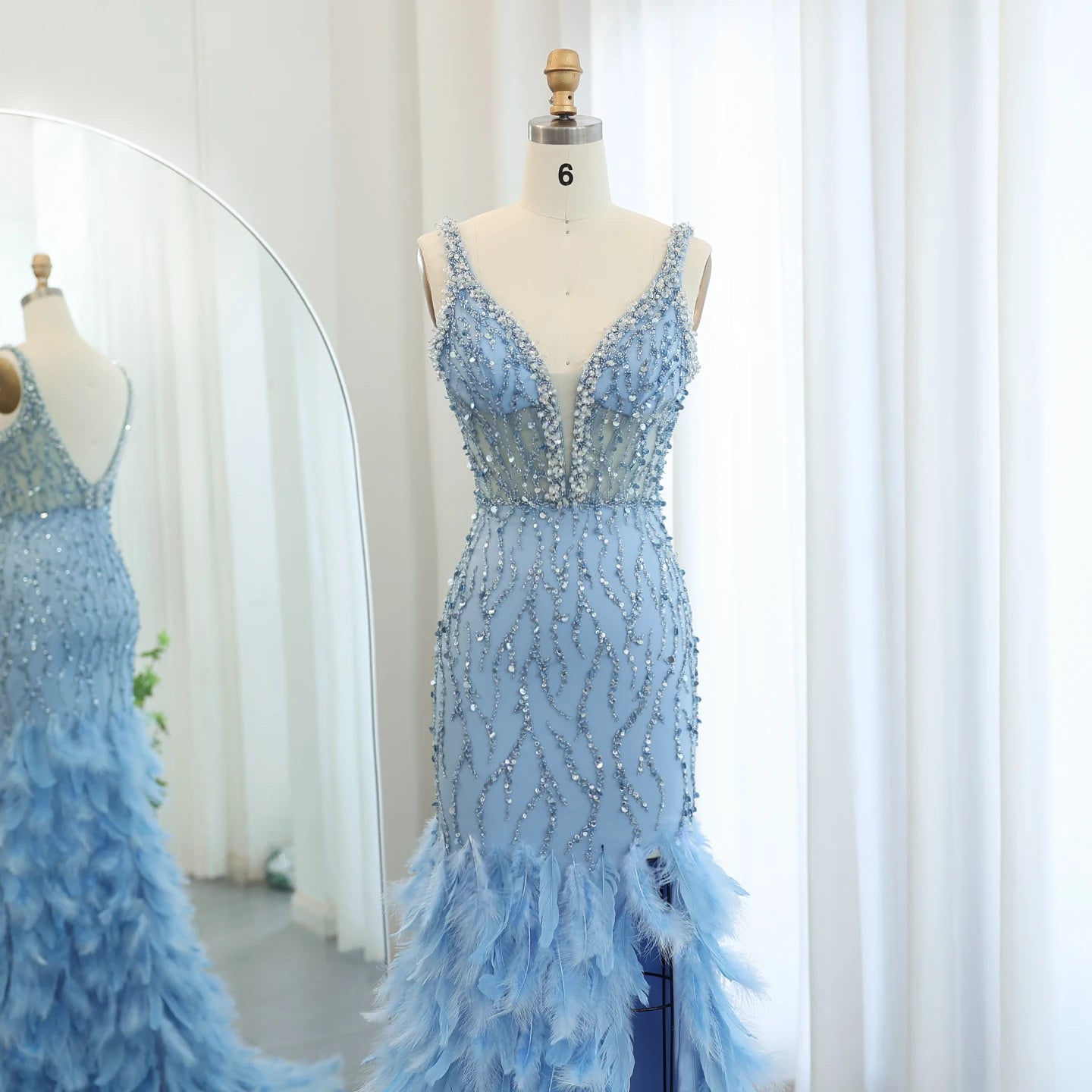 Luxury Feathers Mermaid Evening Dresses for Women Wedding V-Neck Blue Side Slit Long Prom Party Dress - Image 5