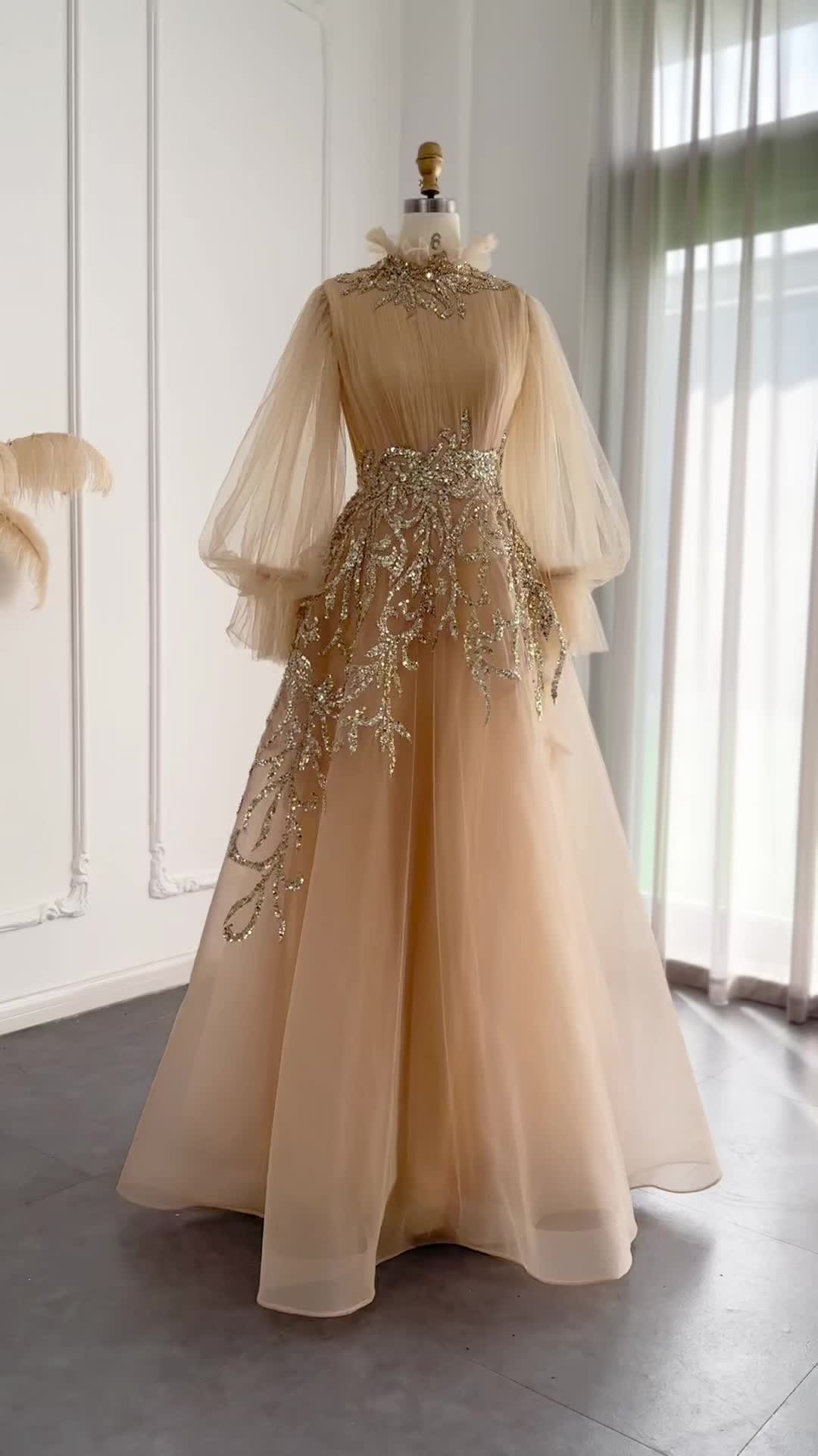 Champagne Long Sleeve Evening Dresses Luxury Midi Short Formal Gowns for Wedding Party - Image 6
