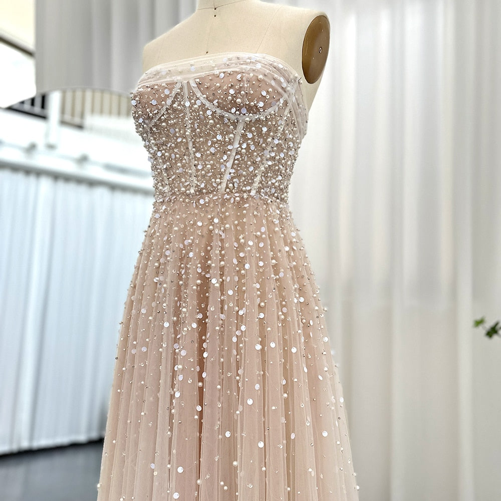 Luxury Pearls White Nude Evening Dresses with Gloves Elegant Women Wedding Bridal Party Gowns - Image 6