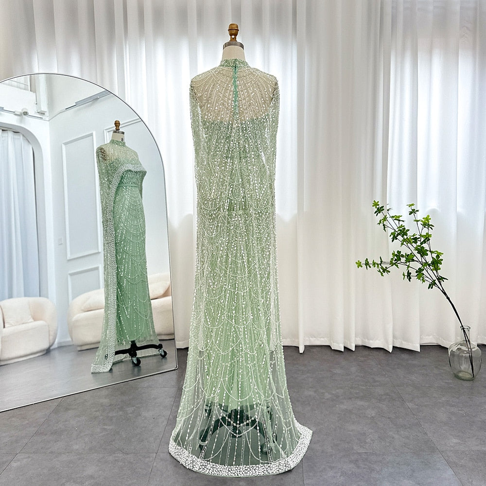 Luxury Pearls Champagne Evening Dresses with Cape Women Mermaid Wedding Party Prom Dress - Image 31