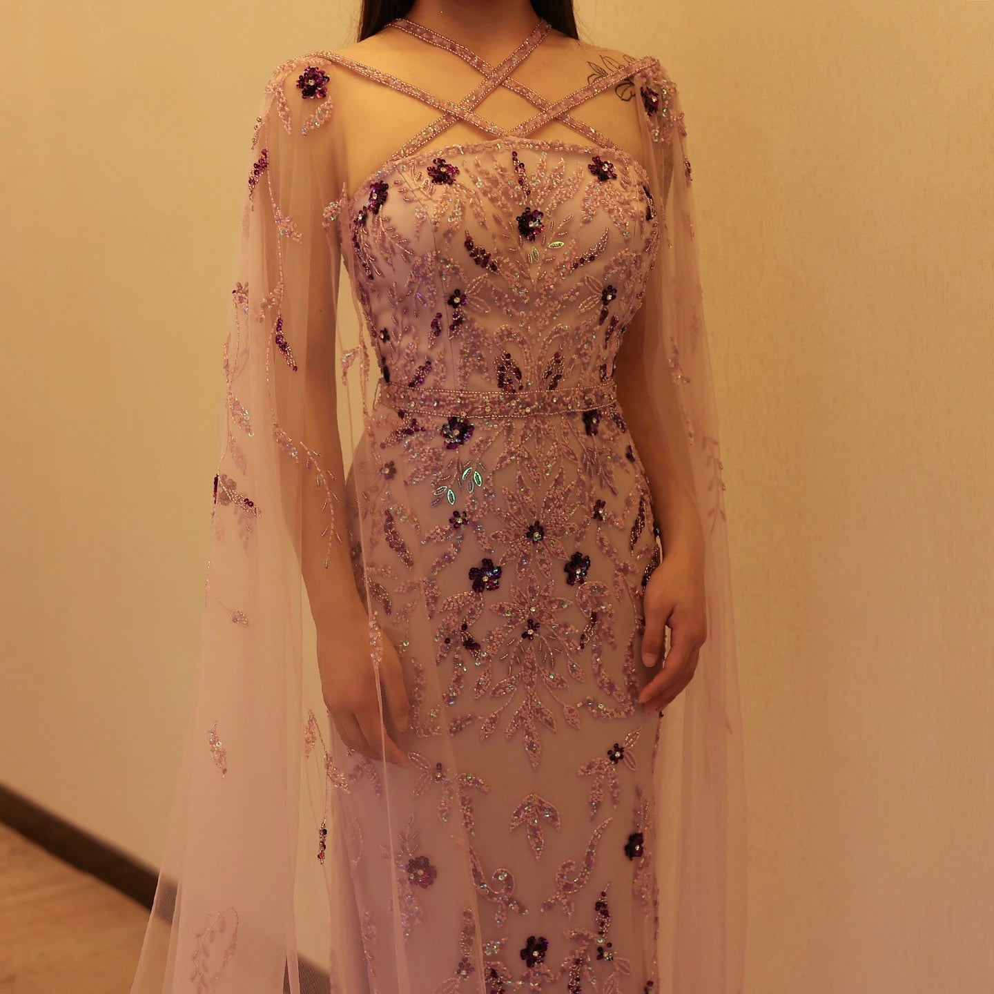 Luxury Lilac Evening Dresses with Cape Sleeves Criss Cross Elegant Arab Women Wedding Party Gowns - Image 5